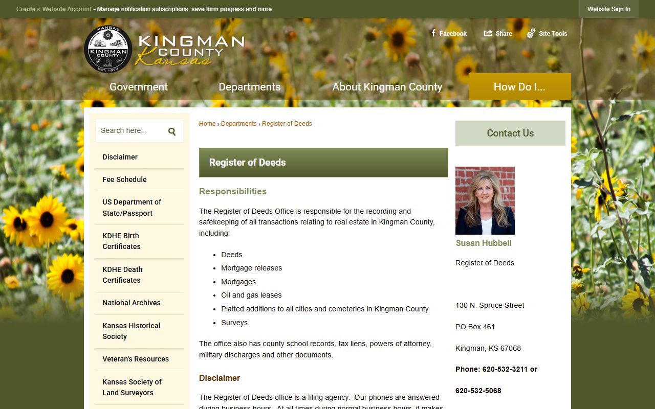 Kingman County Clerk of Court records and Register of Deeds office page