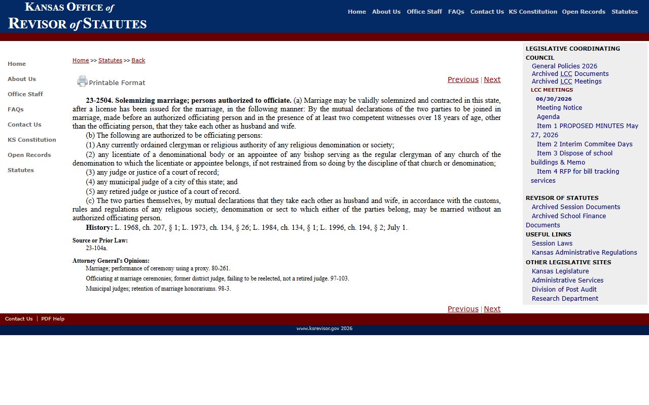 Kingman County marriage records and Kansas marriage solemnization statute