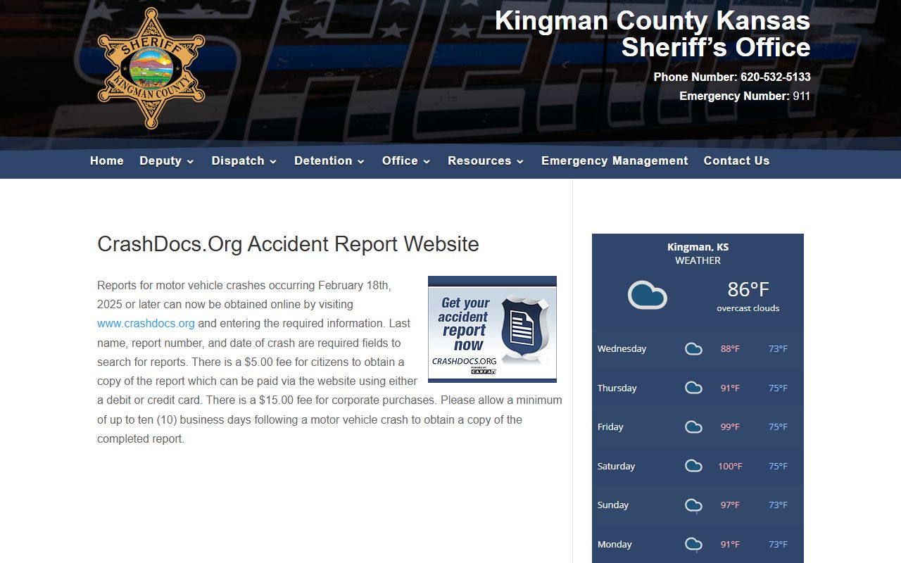 Kingman County traffic court records and sheriff CrashDocs accident report page