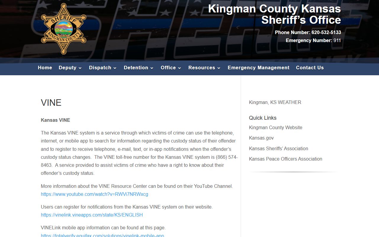 Kingman County warrant records and sheriff VINE custody notification page